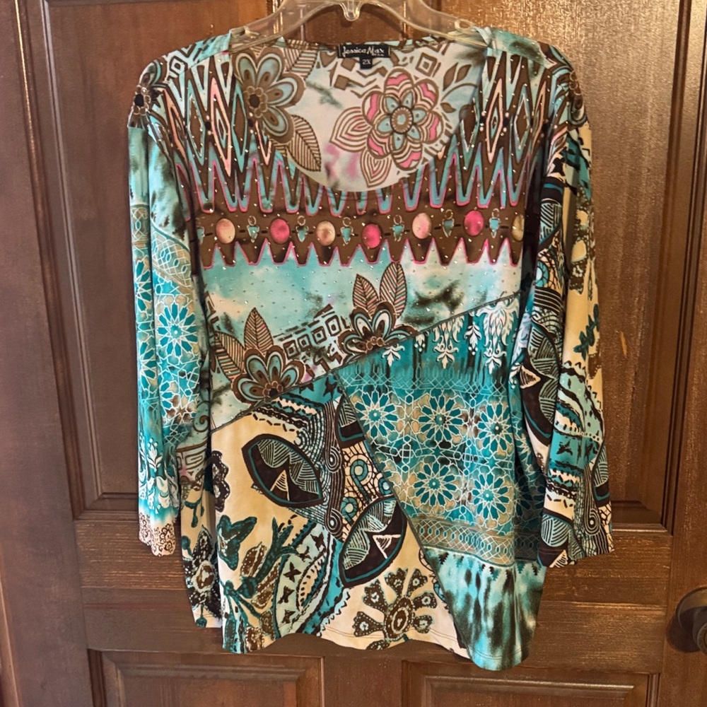 Chic Bohemian Teal and Cream Blouse